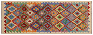 Flat Weave Kilim, Antique, Navaho, Vintage, Handmade, Geometric Kilim Beige Blue Hand-Woven Runner 100% Wool Area Rug 3 x 6
